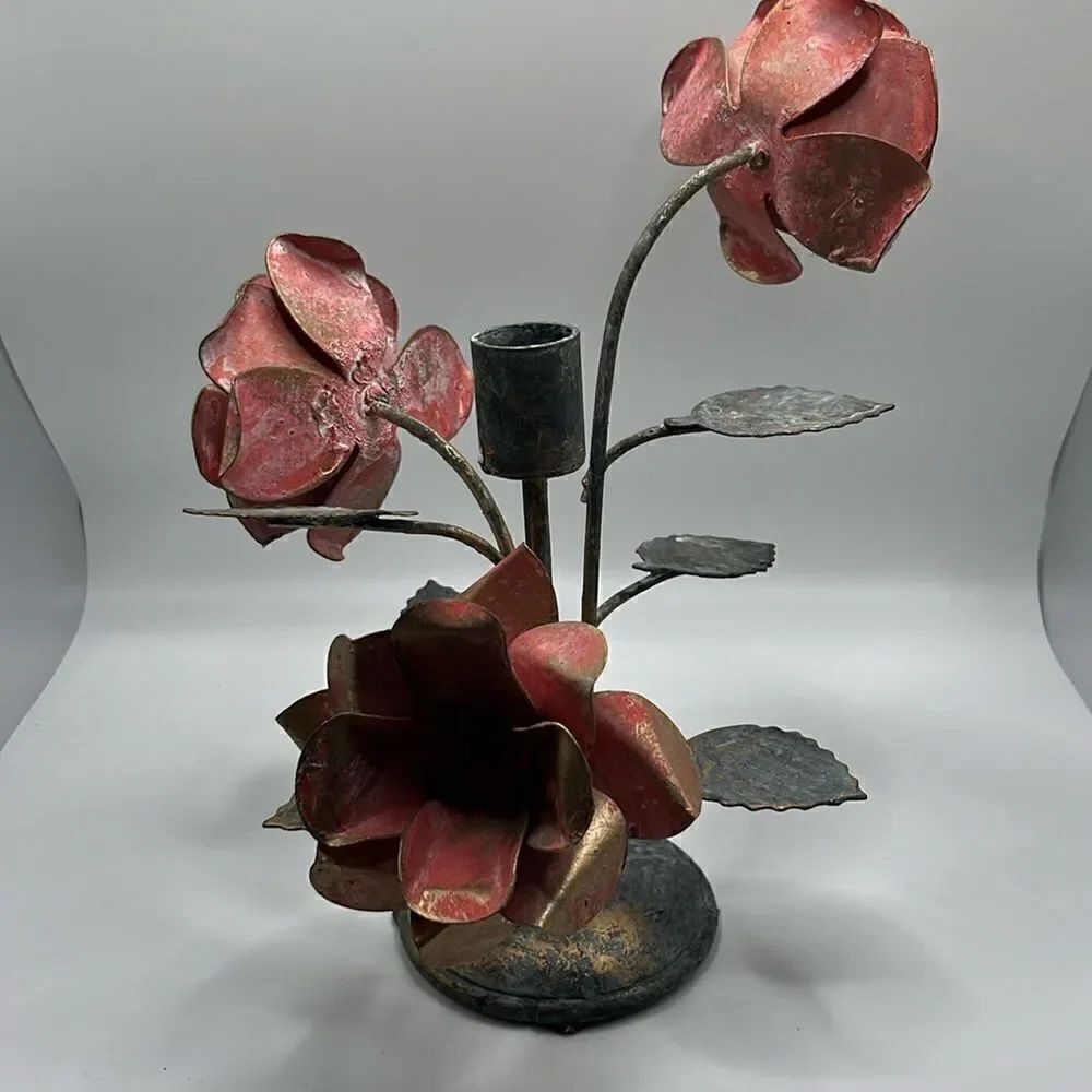 Metal Candle Holder Aged Welded Rustic Patina Pink Metallic Gold Roses w/ Leaves